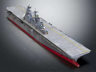 Modern Warship With Long Deck Yellow Lines Red Bottom And Radar Equipment 3d model