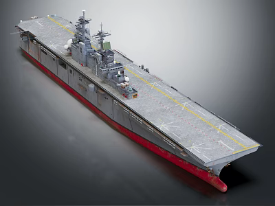 Modern Warship With Long Deck Yellow Lines Red Bottom And Radar Equipment 3d model Modern Warship With Long Deck Yellow Lines Red Bottom And Radar Equipment 3d model