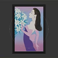Elegant Woman Portrait Painting With White Flowers On Pink Blue Gradient Background And Black Frame