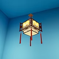 Chinese Style Pendant Lamp With Carved Frame And Tassels Hanging In Blue Wall Corner