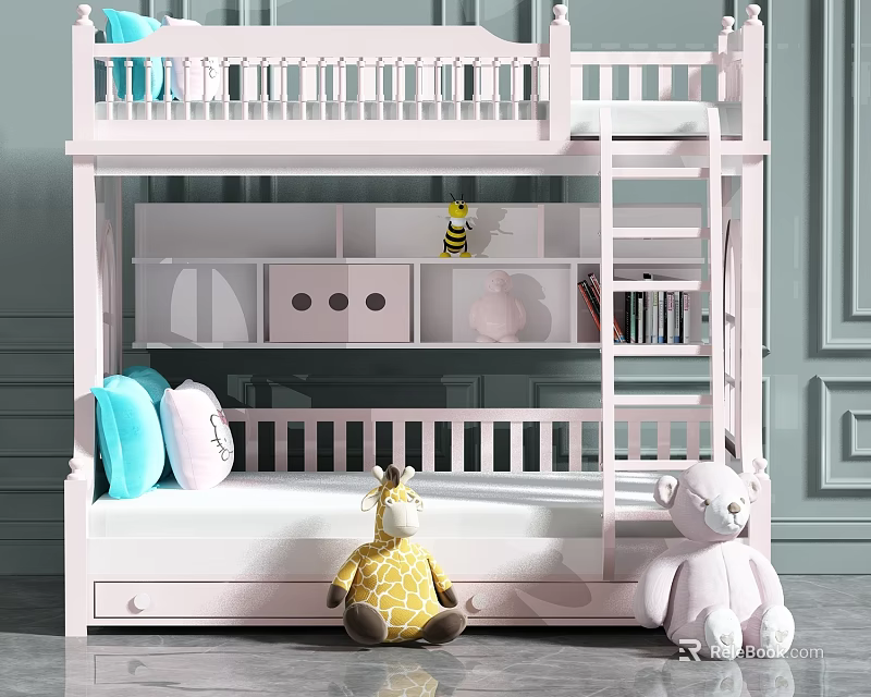 Pink Bunk Bed in Kids Room with Storage Drawers Stuffed Toys and Pillows 3d model 
