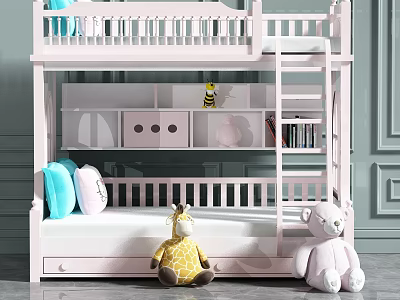 Pink Bunk Bed in Kids Room with Storage Drawers Stuffed Toys and Pillows 3d model