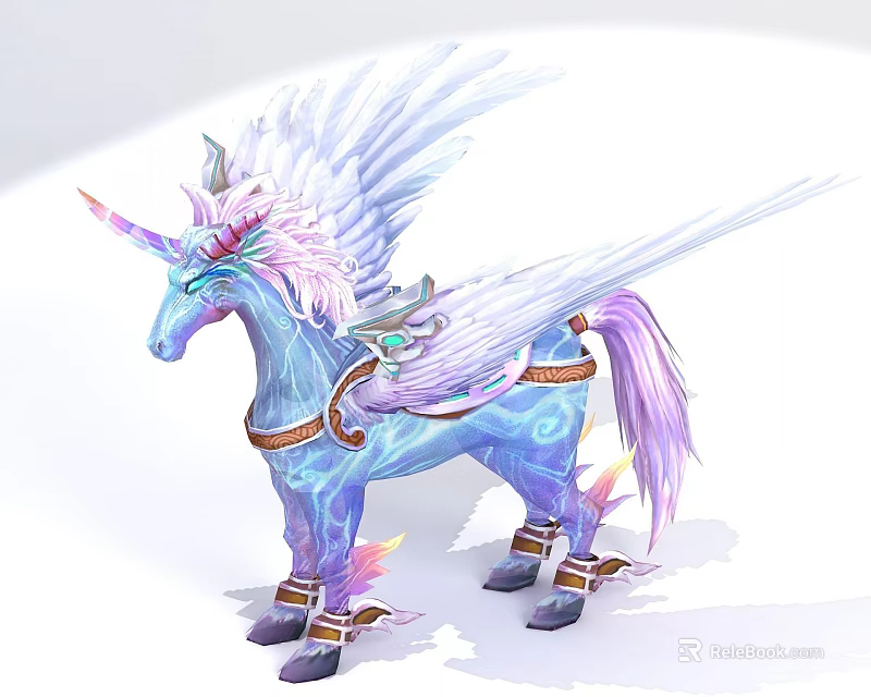 Tech Exhibition Hall Displays Glowing Blue Unicorn With White Pink Mane Tail And Decorative Straps 3d model 