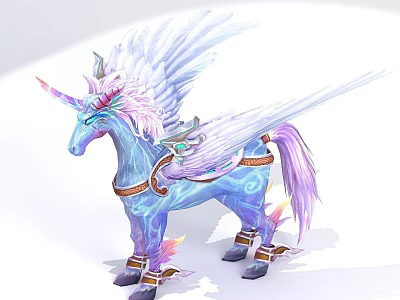 Tech Exhibition Hall Displays Glowing Blue Unicorn With White Pink Mane Tail And Decorative Straps 3d model