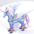 Tech Exhibition Hall Displays Glowing Blue Unicorn With White Pink Mane Tail And Decorative Straps