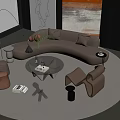 Modern Curved Brown Sofa And Coffee Table Set With Round Rug Artwork And Floor Lamp