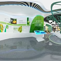 Modern Exhibition Hall Interior With Green Tree Shaped Decoration White Pendant Lights And Eco Counters
