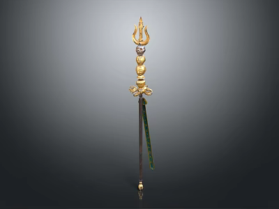 Golden Decorative Weapon With Intricate Top Ornament Beads And Green Blade Shaft 3d model