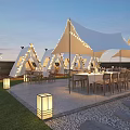 Outdoor Restaurant With White Tents String Lights Tables Chairs Green Plants Pebble Ground Evening