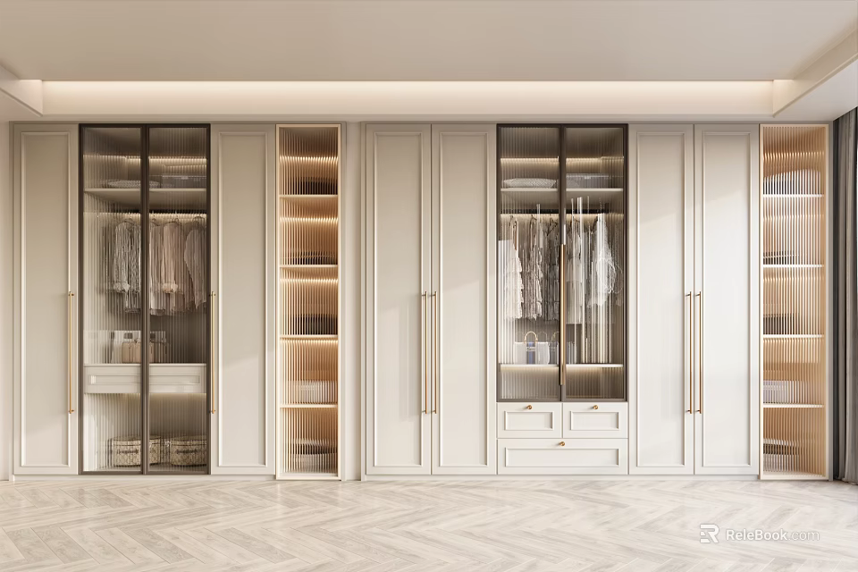 Modern Wooden Wardrobe with Glass Doors Open Shelves Hanging Sections and Drawers 3d model 