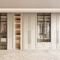 Modern Wooden Wardrobe with Glass Doors Open Shelves Hanging Sections and Drawers