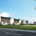 Modern School Buildings Campus Layout With Football Field Green Lawn And Surrounding Trees