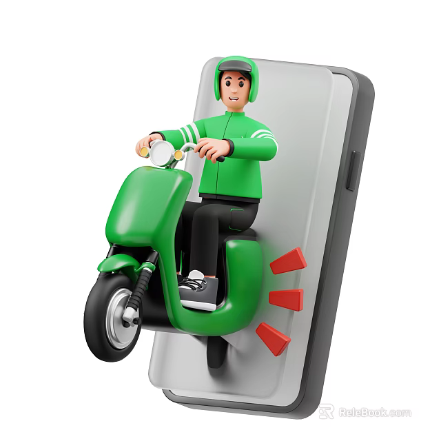 Man Riding Green Motorcycle Emerging From Smartphone With Red Arrows For Delivery Service 3d model 