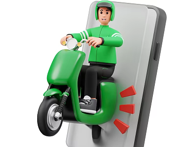 Man Riding Green Motorcycle Emerging From Smartphone With Red Arrows For Delivery Service 3d model