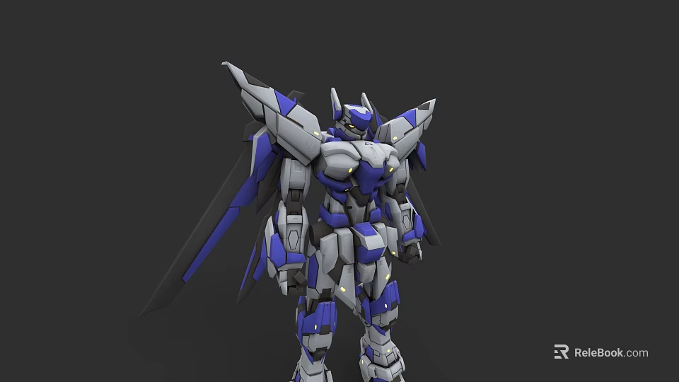 Futuristic Mech Robot Character With Blue White Gray Color Mechanical Wings And Detailed Armor 3d model 