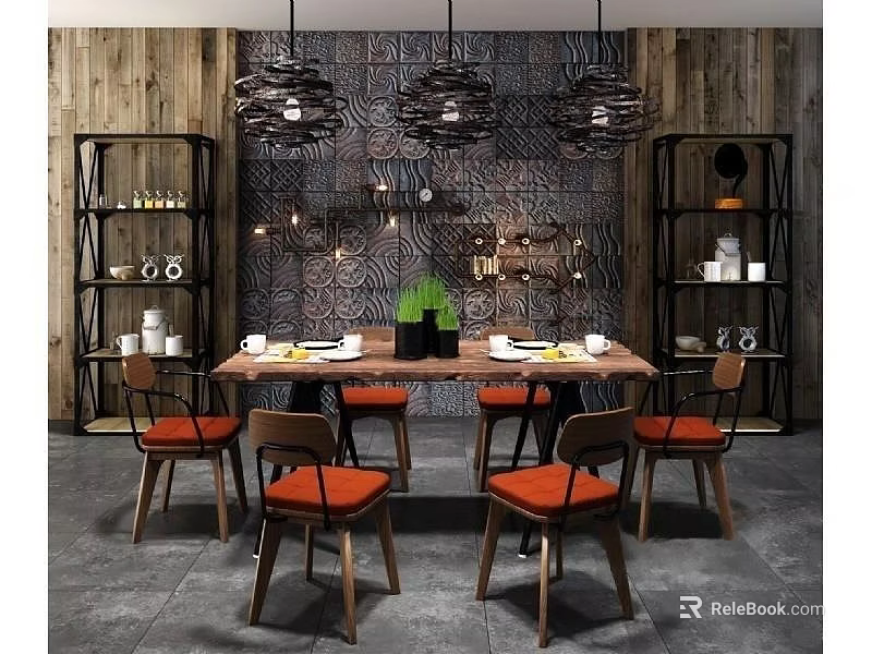 Dining Table Set With Orange Chairs Wooden Walls And Decorative Pendant Lights 3d model 