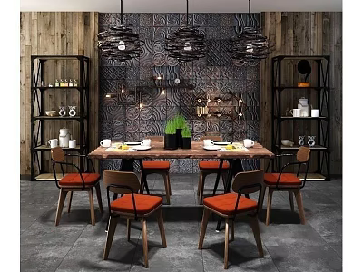 Dining Table Set With Orange Chairs Wooden Walls And Decorative Pendant Lights 3d model