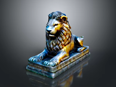 Reclining Bronze Lion Statue With Metallic Sheen Intricate Mane And Pedestal Base 3d model