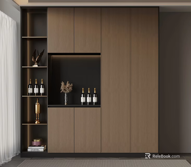 Elegant Modern Wine Cabinet With Wooden Panels Display Shelves And Wine Bottles Decorative Items 3d model 