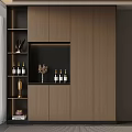 Elegant Modern Wine Cabinet With Wooden Panels Display Shelves And Wine Bottles Decorative Items