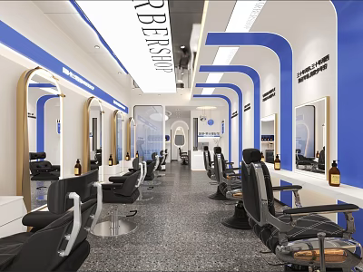 Modern Hair Salon Interior Design With Blue Accents Styling Chairs And Mirrors 3d model