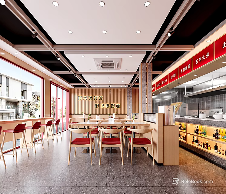Modern Hot Pot Restaurant Interior With Dining Area And Open Kitchen 3d model 