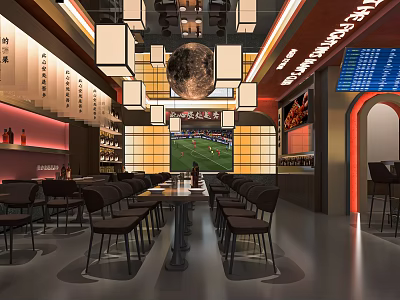 Modern Bar Interior Design Featuring Moon Decor Hanging Lights Wine Racks And Wooden Tables 3d model