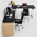Modern Home Office Desk And Chair Set With Black Desktop Computers Storage Drawers And Decorative Vases