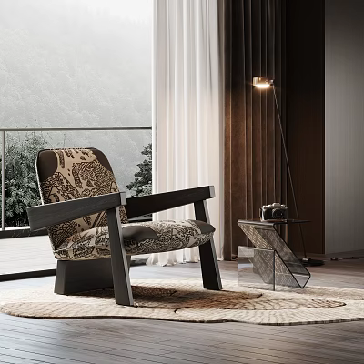 Modern Leisure Chair with Patterned Fabric Glass Side Table Floor Lamp and Natural View 3d model