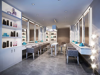 Modern Beauty Hair Salon Interior Design With Multiple Mirrors Workstations And Storage Cabinets 3d model
