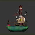 Scenic Waterfront View of Lighthouse with Small Cabin on Wooden Platform Over Green Water