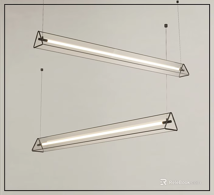 Two Modern Long Linear Pendant Lights With Metal Frame And LED Lighting 3d model