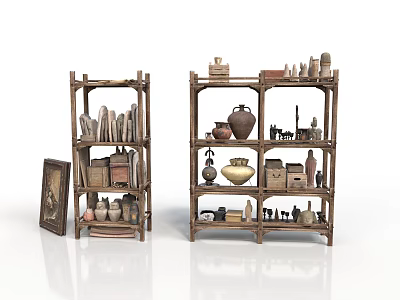 Wooden Shelves Display Various Antique Items Including Clay Pots Small Statues Books And Boxes 3d model