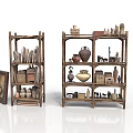 Wooden Shelves Display Various Antique Items Including Clay Pots Small Statues Books And Boxes