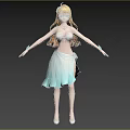Woman With Blonde Hair White Top Blue White Gradient Skirt Arms Outstretched Black Background