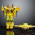 Yellow Robot Toy And Fighter Jet Model Display On Reflective Surface 3d model