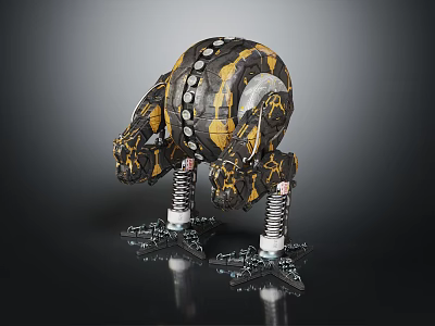 Armored Black And Yellow Mechanical Creature With Spring Legs And Clawed Metal Base 3d model