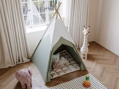 Kids Green White Tent with Stuffed Toys Giraffe Toy and Colorful Blocks on Wooden Floor 3d model