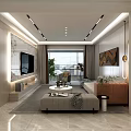 Modern Elegant Living Dining Room With Open Concept Marble Floor Beige Walls White Cabinets And Sofa