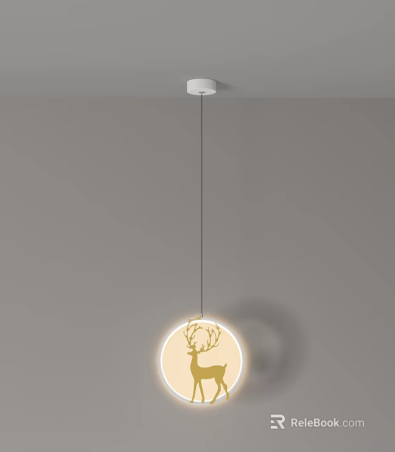 Minimalist Circular Pendant Light With Deer Silhouette And Warm Yellow Glow 3d model 