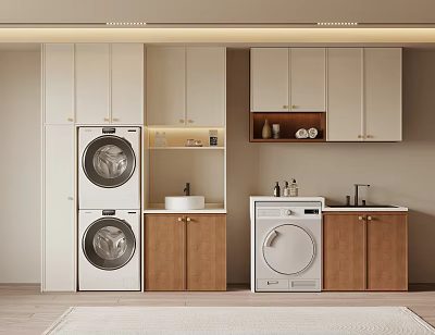 Modern Bathroom Cabinetry With Washing Machine Sink And Wooden Storage Units 3d model
