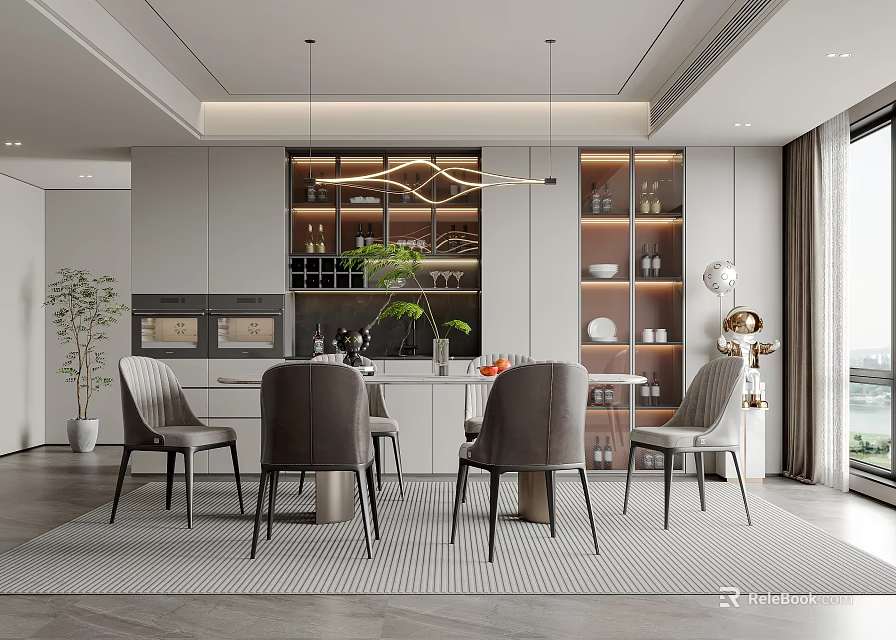 Modern Elegant Restaurant Interior With Open Design Marble Dining Table Hanging Lights And Chairs 3d model 
