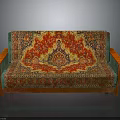 Traditional Decorative Sofa With Red Gold Intricate Pattern Green Armrests And Wooden Legs