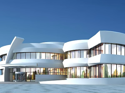 Modern Sales Office Building With White Exterior Curved Design And Large Glass Windows 3d model