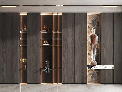 Modern Luxury Interior Decorative Cabinet With Wooden Panels LED Lighting And Figurines 3d model
