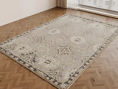 Traditional Square Rug with Intricate Light Gray Pattern and Dark Border for Living Room 3d model