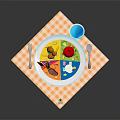 Colorful Circular Food Plate With Balanced Meat Apple Drink And Grain Sections