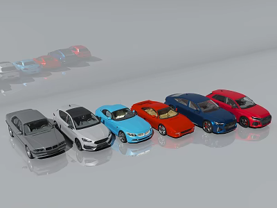 Multiple Different Colored Cars Neatly Arranged in Row Displaying Various Models and Hues 3d model