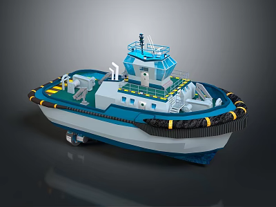 Wooden Tugboat With Blue And White Hull Deck Equipment And Yellow Stripes Design 3d model