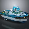 Wooden Tugboat With Blue And White Hull Deck Equipment And Yellow Stripes Design